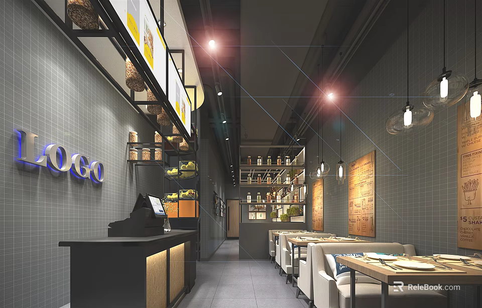 Modern Restaurant Interior With Gray Tiled Walls Hanging Lamps Bar Counter And Dining Tables 3d model 