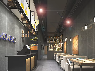Modern Restaurant Interior With Gray Tiled Walls Hanging Lamps Bar Counter And Dining Tables 3d model