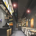 Modern Restaurant Interior With Gray Tiled Walls Hanging Lamps Bar Counter And Dining Tables