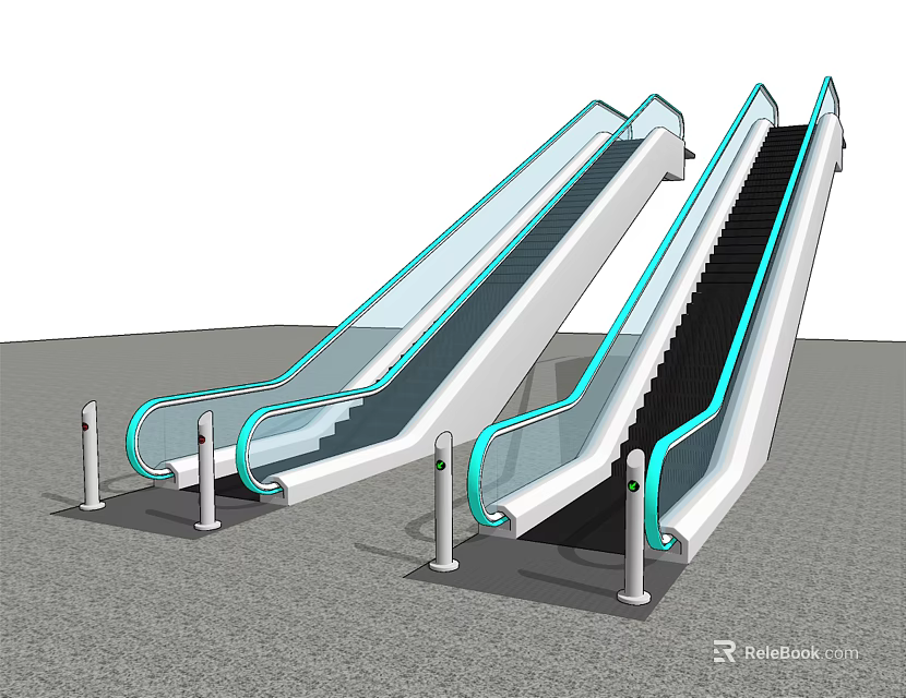 Pair of Modern Escalators With Transparent Glass Railings And Black Steps 3d model 