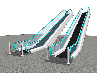 Pair of Modern Escalators With Transparent Glass Railings And Black Steps 3d model