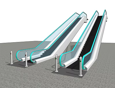 Pair of Modern Escalators With Transparent Glass Railings And Black Steps 3d model