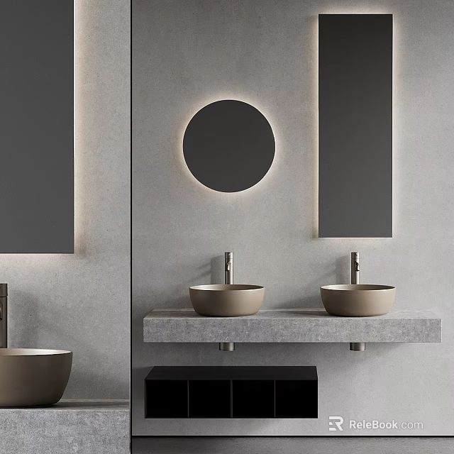 Modern Bathroom Double Washbasin With Round Backlit Mirror And Stone Countertop 3d model 