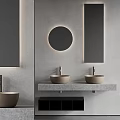 Modern Bathroom Double Washbasin With Round Backlit Mirror And Stone Countertop 3d model