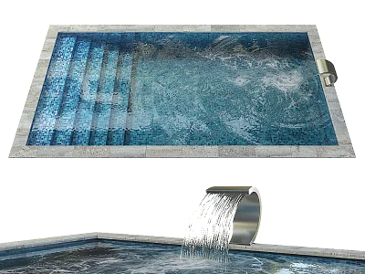 Modern Swimming Pool Design With Waterfall And Rippling Water Tile Edge 3d model