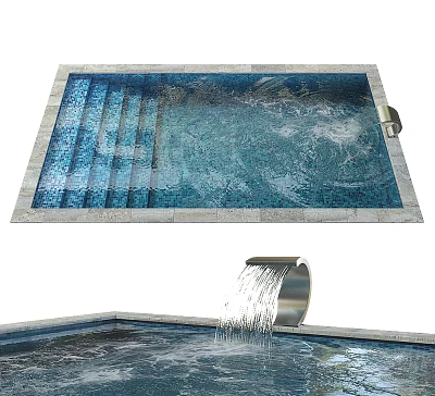 Modern Swimming Pool Design With Waterfall And Rippling Water Tile Edge 3d model