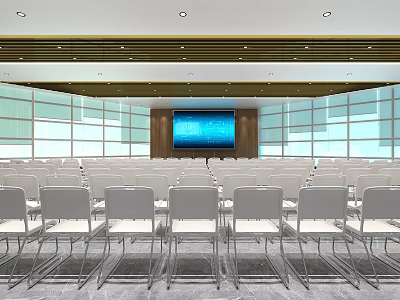 Modern Conference Room Interior Design With Rows Of White Chairs And Large Display Screen 3d model
