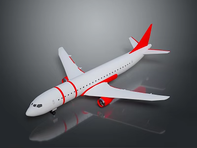 White Airplane Model With Red Stripes And Red Tail On Reflective Surface 3d model
