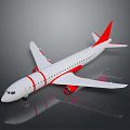 White Airplane Model With Red Stripes And Red Tail On Reflective Surface