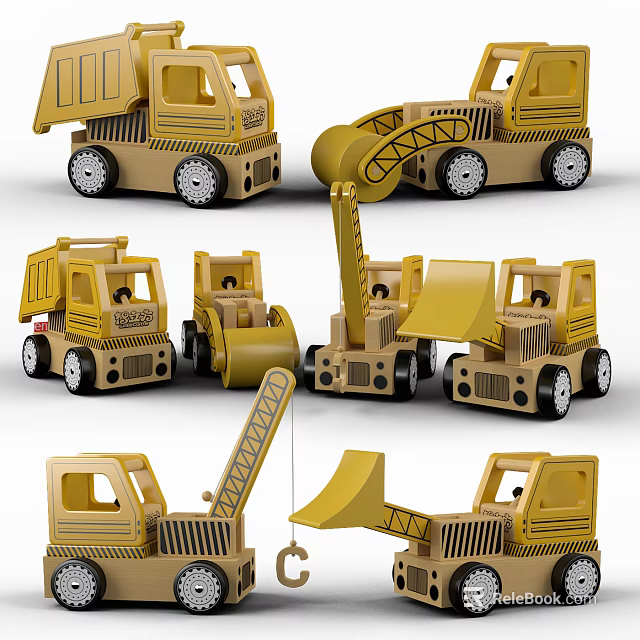 Yellow Wooden Toy Construction Vehicles For Kids Play With Dump Trucks Bulldozers Cranes 3d model 