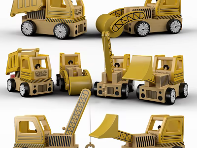 Yellow Wooden Toy Construction Vehicles For Kids Play With Dump Trucks Bulldozers Cranes 3d model