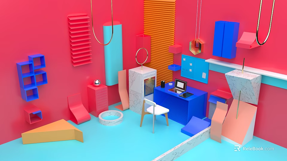 Vibrant Modern Interior Design Featuring Geometric Shapes And Computer Workspace 3d model 