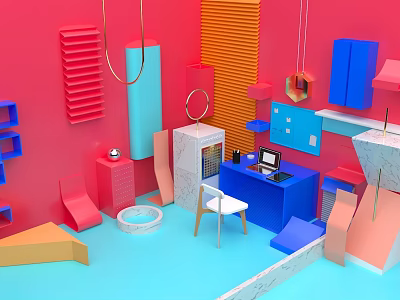 Vibrant Modern Interior Design Featuring Geometric Shapes And Computer Workspace 3d model