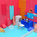 Vibrant Modern Interior Design Featuring Geometric Shapes And Computer Workspace
