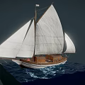 Wooden Sailboat With White Sails Floating On Blue Water Surface