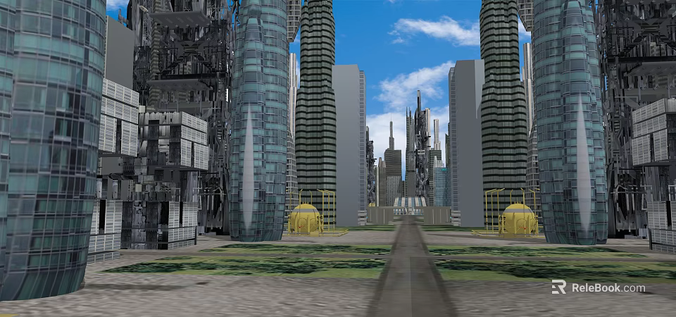 Futuristic Cityscape With Tall Glass Skyscrapers And Wide Central Pathway 3d model 