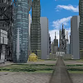 Futuristic Cityscape With Tall Glass Skyscrapers And Wide Central Pathway