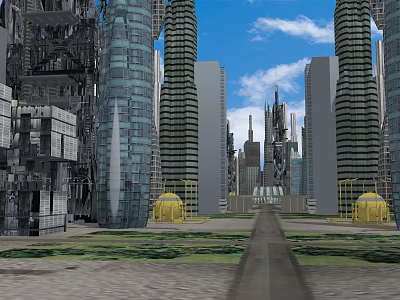 Futuristic Cityscape With Tall Glass Skyscrapers And Wide Central Pathway 3d model