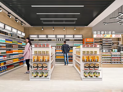 Bright Modern Supermarket Interior With Organized Shelves Full Of Grocery Products And Customers Shopping 3d model