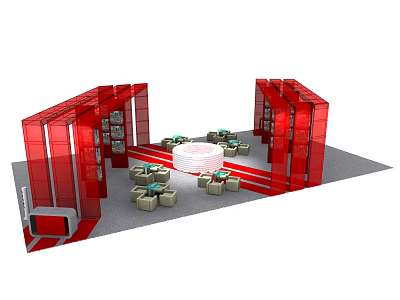 Red Exhibition Booth Setup With Round Tables And Chairs Arranged In Center 3d model