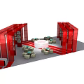 Red Exhibition Booth Setup With Round Tables And Chairs Arranged In Center