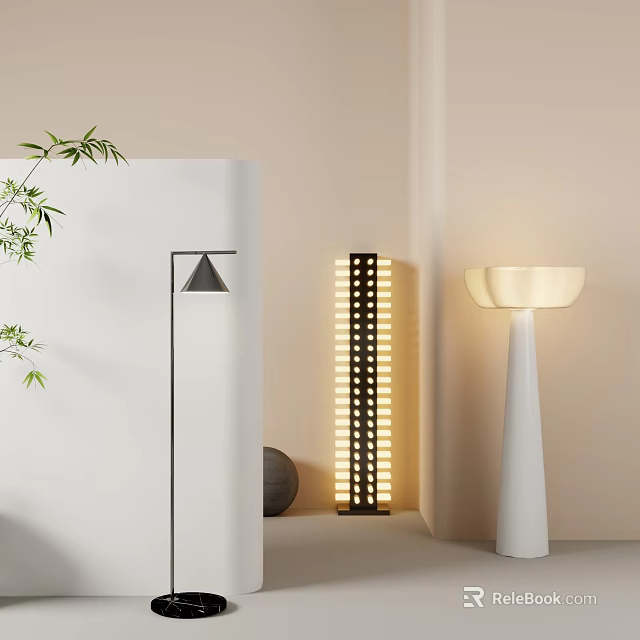 Modern Floor Lamps With Geometric Design And Warm Lighting In Minimalist Interior 3d model 