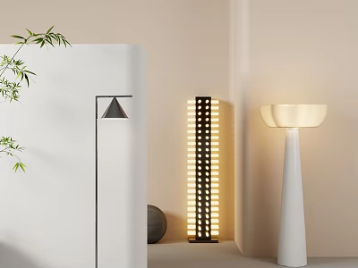 Modern Floor Lamps With Geometric Design And Warm Lighting In Minimalist Interior 3d model
