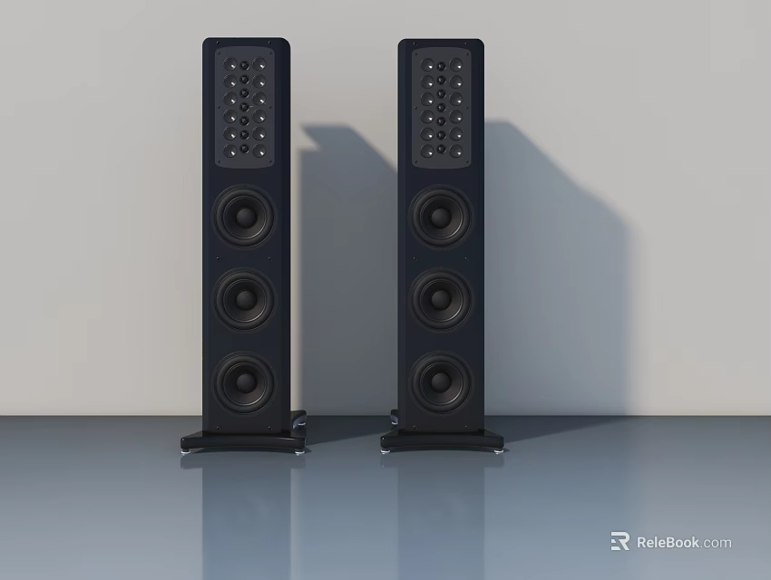 Modern Black Floor Standing Speakers With Multiple Round Drivers On Glossy Surface 3d model