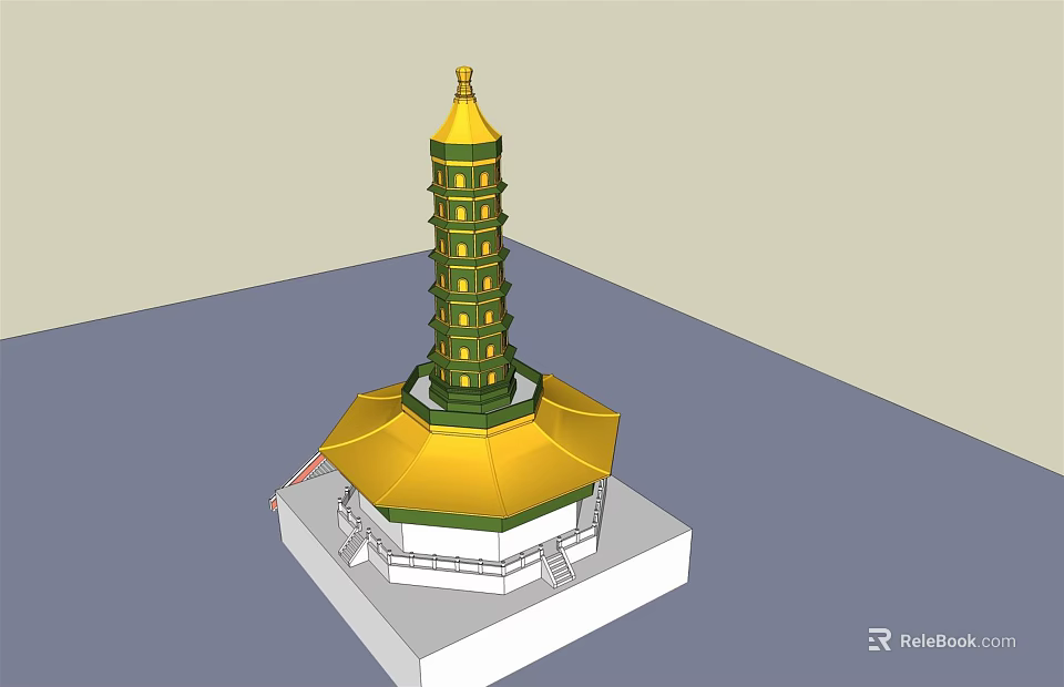 Traditional Multi tiered Pagoda With Green Body Yellow Roof And Spire Architectural Model 3d model 
