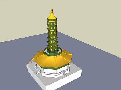 Traditional Multi tiered Pagoda With Green Body Yellow Roof And Spire Architectural Model 3d model