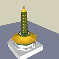 Traditional Multi tiered Pagoda With Green Body Yellow Roof And Spire Architectural Model
