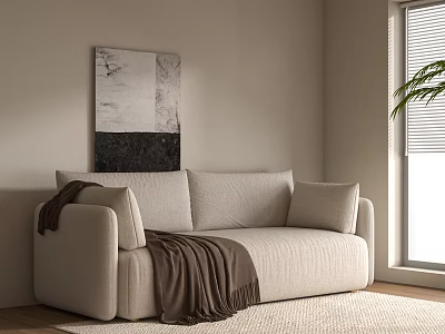 Beige Two Seater Sofa With Brown Blanket Cushions Wall Art And Plant Near Window 3d model