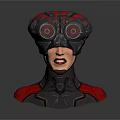 3D Sci-Fi Character Bust With Mechanical Red Helmet Armor And Biological Face 3d model