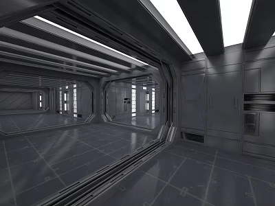 Futuristic Elevator Corridor With Metallic Gray Walls Long Strip Lights And Reflective Floor 3d model