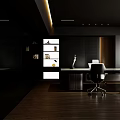 Modern Office Interior Design With Black Furniture Wooden Flooring Desk Chairs And Decorative Artwork