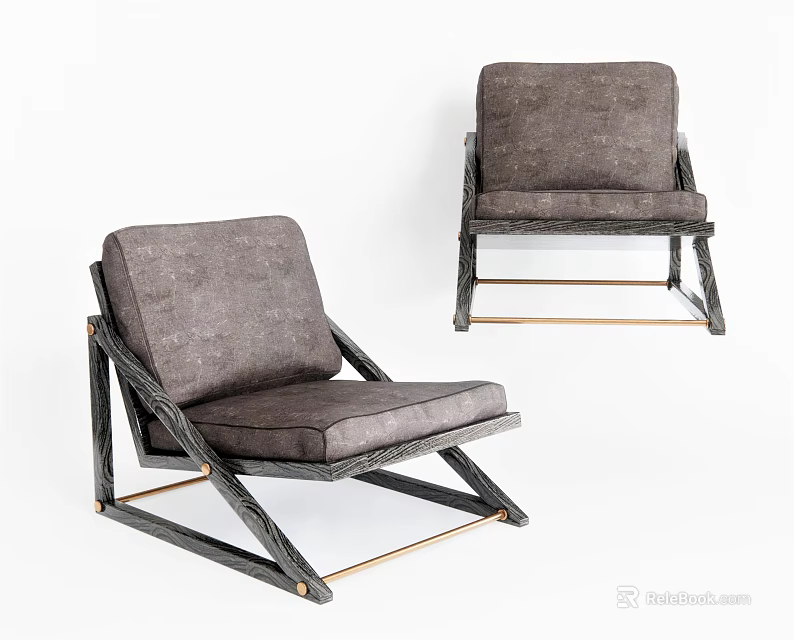 Modern Accent Chair With Gray Upholstery Wooden Frame And Golden Metal Accents 3d model 
