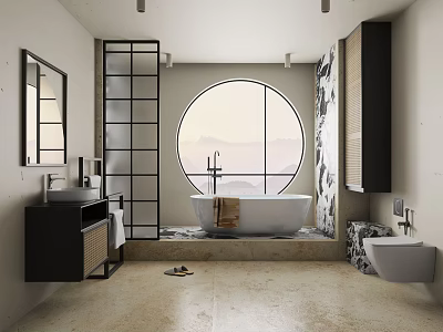 Modern Bathroom Interior With Round Window Freestanding Bathtub Vanity Mirror And Toilet 3d model