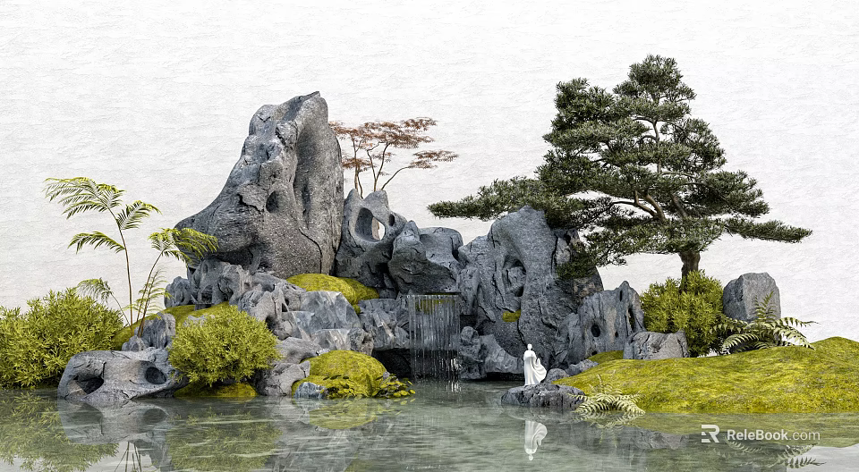 Traditional Chinese Garden Landscape With Rock Formations Pond Green Plants And White Statue 3d model 