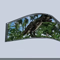 Realistic Tyrannosaurus Rex in Curved Display Window with Green Plants Palm Trees and Blue Sky
