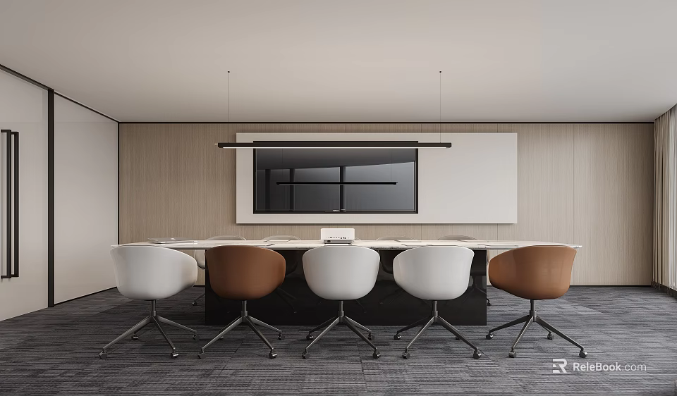 Modern Conference Room Interior With Long Table White Brown Chairs And Large Screen 3d model 