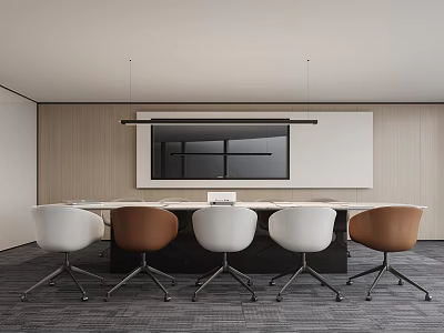 Modern Conference Room Interior With Long Table White Brown Chairs And Large Screen 3d model