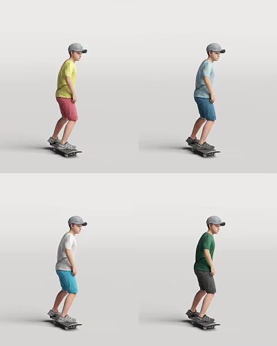 Men Riding Skateboards Wearing Different Colors Casual Shirts Shorts And Hats In Various Poses 3d model