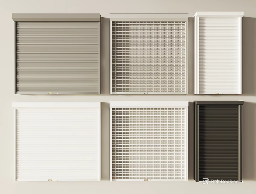 Different Window Blinds And Grilles In Gray White Black Slatted Grid Design 3d model