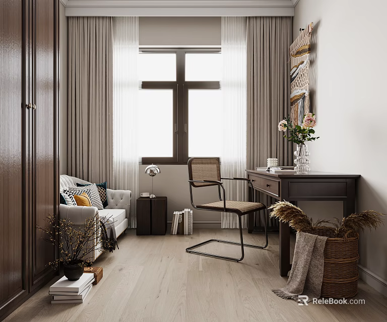 Modern Cozy Study Room With Sofa Desk And Chair 3d model 