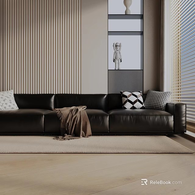 Black Leather Three-Seater Sofa With Decorative Pillows Brown Throw Blanket And Light Carpet 3d model 
