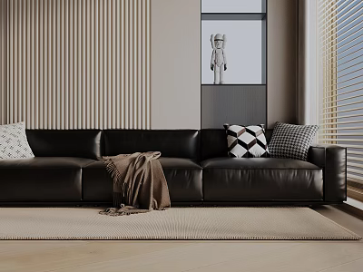 Black Leather Three-Seater Sofa With Decorative Pillows Brown Throw Blanket And Light Carpet 3d model
