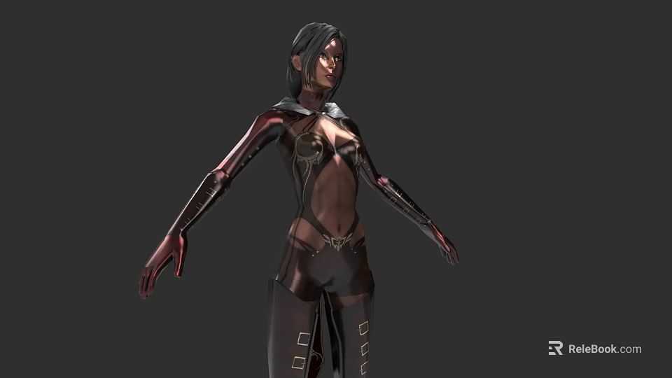 Woman in Black and Red Mechanical Style Outfit With Mechanical Arms and Open Stance 3d model 
