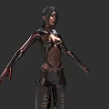 Woman in Black and Red Mechanical Style Outfit With Mechanical Arms and Open Stance
