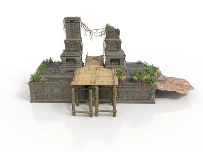 Modern Outdoor Retreat With Stone Tower Wooden Bridge Climbing Vines And Green Plants 3d model