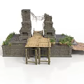 Modern Outdoor Retreat With Stone Tower Wooden Bridge Climbing Vines And Green Plants
